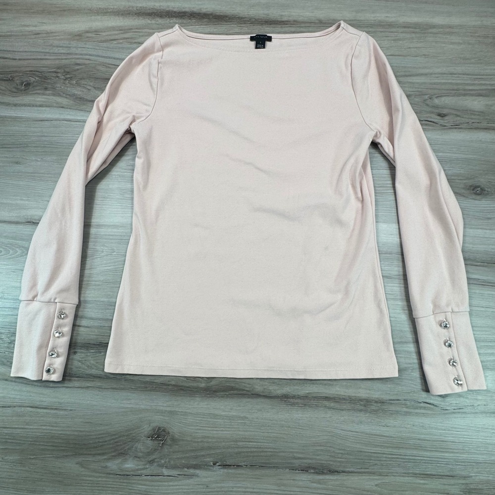 Ann Taylor Pink Boat Neck‎ Long Sleeve Bejeweled Cuff Top Size S